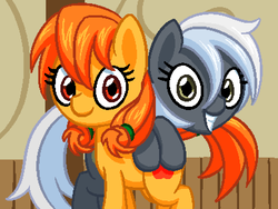 Size: 800x600 | Tagged: safe, artist:rangelost, oc, oc only, oc:autumn gold, oc:lucky smith, earth pony, pony, cyoa:d20 pony, colored, cyoa, description is relevant, duo, female, hairband, hug, looking at you, mare, pixel art, ponytail, smiling, story included