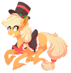 Size: 1059x1086 | Tagged: safe, artist:uunicornicc, part of a set, applejack, earth pony, pony, g4, bow, christmas, female, freckles, hair tie, hat, holiday, holly, looking back, mare, missing accessory, running, saddle, simple background, smiling, solo, top hat, transparent background, unshorn fetlocks