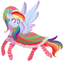 Size: 1095x1071 | Tagged: safe, artist:uunicornicc, part of a set, rainbow dash, pegasus, pony, g4, beautiful, christmas, cloak, clothes, elf hat, female, hat, holiday, mare, rainbow dash always dresses in style, raised eyebrow, simple background, socks, solo, spread wings, striped socks, transparent, transparent background, wings