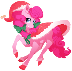 Size: 1134x1107 | Tagged: safe, artist:uunicornicc, part of a set, pinkie pie, earth pony, pony, g4, bell, bow, cape, christmas, clothes, female, hair bow, hat, holiday, hoof boots, mare, running, santa hat, simple background, smiling, solo, transparent background, turned head