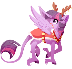 Size: 1152x1101 | Tagged: safe, artist:uunicornicc, part of a set, twilight sparkle, alicorn, pony, g4, antlers, cape, christmas, clothes, curved horn, ear fluff, female, harness, holiday, horn, leonine tail, long horn, long tail, looking over shoulder, mare, reindeer antlers, reins, simple background, solo, spread wings, tack, transparent background, twilight sparkle (alicorn), unshorn fetlocks, wings