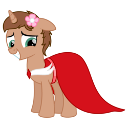 Size: 2300x2300 | Tagged: safe, artist:peternators, oc, oc only, oc:heroic armour, pony, unicorn, clothes, colt, crossdressing, dress, floppy ears, flower, flower in hair, high res, male, simple background, smiling, solo, teenager, transparent background, younger