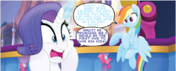 Size: 579x237 | Tagged: safe, edit, edited screencap, idw, screencap, rainbow dash, rarity, spike, g4, my little pony: the movie, my little pony: the movie adaptation, comic, female, implied shipping, implied sparity, implied straight, male, ship:rainbowspike, shipping, speech bubble, straight, text edit