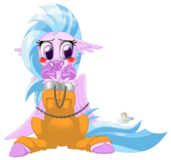 Size: 853x800 | Tagged: safe, artist:unisoleil, silverstream, classical hippogriff, hippogriff, g4, school daze, blushing, bound wings, chains, clothes, criminal, cuffs, female, prison outfit, simple background, sitting, solo, transparent background