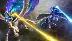 Size: 1920x1080 | Tagged: safe, artist:bra1neater, artist:equum_amici, princess celestia, princess luna, alicorn, pony, umbrum, g4, the crystalling, 1000 hours in after effects, 60 fps, animated, badass, beam, blinking, blizzard, cinemagraph, cloud, crystal empire, duo, epic, female, flapping, flying, frown, glare, glowing mane, gritted teeth, magic blast, mare, no sound, painting, royal sisters, scene interpretation, snow, snowfall, spread wings, unshorn fetlocks, webm, wind, windswept mane, wings