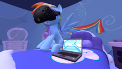 Size: 1920x1080 | Tagged: safe, artist:northern haste, rainbow dash, pony, g4, grannies gone wild, 3d, bed, computer, female, htc vive, laptop computer, roller coaster, solo, source filmmaker, virtual reality, vr headset