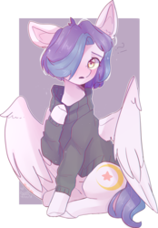Size: 1024x1473 | Tagged: safe, artist:erinartista, oc, oc only, oc:shylu, pegasus, pony, clothes, female, hair over one eye, hoodie, mare, sitting, solo