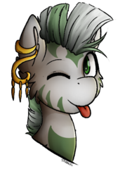 Size: 501x733 | Tagged: safe, artist:deraniel, oc, oc only, oc:begoas, pony, zebra, bust, green eyes, jewelry, mlem, one eye closed, portrait, silly, simple background, smiling, solo, tongue out, transparent background, zebra oc