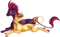 Size: 1108x697 | Tagged: safe, artist:bijutsuyoukai, fizzlepop berrytwist, sunset shimmer, tempest shadow, classical unicorn, pony, unicorn, g4, my little pony: the movie, colored hooves, duo, female, horn, leonine tail, lesbian, mare, prone, realistic horse legs, shipping, simple background, tempestshimmer, tongue out, transparent background