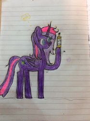 Size: 2592x1936 | Tagged: safe, artist:wonderschwifty, derpibooru exclusive, oc, oc:wonder sparkle, bottle, jack daniels, lined paper, traditional art