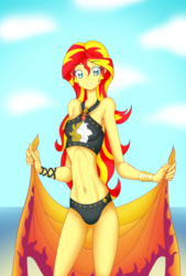 Size: 2571x3798 | Tagged: safe, artist:grandzebulon, sunset shimmer, equestria girls, equestria girls specials, g4, my little pony equestria girls: better together, my little pony equestria girls: forgotten friendship, bad anatomy, beach, belly, belly button, clothes, curvy, female, geode of empathy, high res, hourglass figure, looking at you, ocean, ribcage, sand, solo, swimsuit