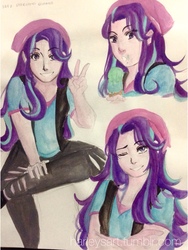 Size: 960x1280 | Tagged: safe, artist:harleysart, starlight glimmer, equestria girls, g4, beanie, hat, messy eating, one eye closed, peace sign, traditional art, watercolor painting, wink