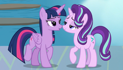 Size: 1200x680 | Tagged: safe, screencap, starlight glimmer, twilight sparkle, alicorn, pony, g4, school daze, cropped, duckface, duo, duo female, female, imminent kissing, implied lesbian, implied shipping, leaning, lidded eyes, lifted leg, out of context, raised hoof, smiling, twilight sparkle (alicorn)