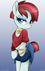 Size: 1442x2272 | Tagged: safe, artist:yorozpony, valley glamour, pegasus, pony, fake it 'til you make it, g4, belly button, bipedal, clothes, female, mare, midriff, solo