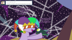 Size: 1280x720 | Tagged: safe, artist:hakunohamikage, oc, oc:laughter, pony, ask-princesssparkle, ask, hat, jester hat, tumblr