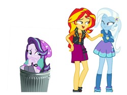 Size: 1275x956 | Tagged: safe, starlight glimmer, sunset shimmer, trixie, equestria girls, equestria girls specials, g4, my little pony equestria girls: better together, my little pony equestria girls: forgotten friendship, my little pony equestria girls: mirror magic, abuse, downvote bait, drama, glimmerbuse, op is a duck, op is trying to start shit, out of character, sad, scaredy glimmer, simple background, starlight drama, trash can, white background