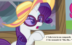 Size: 784x490 | Tagged: safe, edit, edited screencap, editor:korora, screencap, pinkie pie, rarity, every little thing she does, g4, season 6, cropped, gioacchino rossini, glasses, hangover, hat, headache, italian, l'italiana in algeri, lyrics, song reference, text