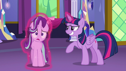 Size: 1280x720 | Tagged: safe, screencap, starlight glimmer, twilight sparkle, alicorn, pony, unicorn, g4, no second prances, confused, dragging, duo, faic, female, folded wings, glowing horn, grin, horn, magic, magic aura, mare, nervous, nervous smile, paranoid, paranoid twilight, raised hoof, smiling, teacher and student, twilight snapple, twilight sparkle (alicorn), twilight's castle, wings