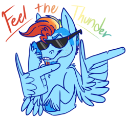 Size: 1318x1200 | Tagged: safe, artist:g-elric, rainbow dash, pegasus, pony, g4, facial hair, feather fingers, feather guns, rainbow blitz, simple background, solo, sunglasses, teeth, text, trans male, transgender, transparent background, wing hands, wings