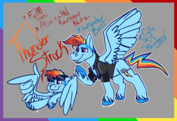 Size: 2068x1412 | Tagged: safe, artist:g-elric, rainbow dash, pegasus, pony, g4, abstract background, clothes, cutie mark, facial hair, jacket, one eye closed, raised eyebrow, smiling, solo, spread wings, sunglasses, text, trans male, transgender, wing hands, wings, wink