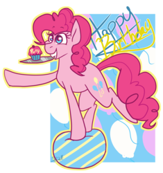 Size: 1825x1941 | Tagged: safe, artist:g-elric, pinkie pie, earth pony, pony, g4, abstract background, balancing, ball, cupcake, cutie mark, cutie mark background, female, food, happy birthday, mare, platter, simple background, smiling, solo, transparent background