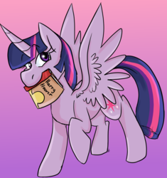 Size: 1242x1319 | Tagged: safe, artist:g-elric, part of a set, twilight sparkle, alicorn, pony, g4, book, cutie mark, female, gradient background, mare, mouth hold, raised hoof, solo, spread wings, twilight sparkle (alicorn), wings