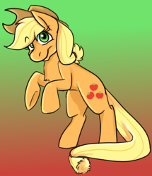 Size: 1257x1465 | Tagged: safe, artist:g-elric, part of a set, applejack, earth pony, pony, g4, applejack's hat, cowboy hat, cutie mark, female, gradient background, hat, looking at you, mare, raised eyebrow, rearing, smiling, solo