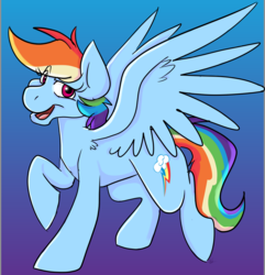 Size: 1065x1106 | Tagged: safe, artist:g-elric, part of a set, rainbow dash, pegasus, pony, g4, cutie mark, female, gradient background, looking at you, mare, open mouth, raised eyebrow, raised hoof, solo, spread wings, wings