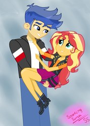Size: 2408x3385 | Tagged: safe, artist:sparkling-sunset-s08, flash sentry, sunset shimmer, equestria girls, g4, my little pony equestria girls: better together, bridal carry, carrying, clothes, female, high res, male, ship:flashimmer, shipping, skirt, straight