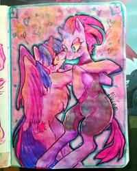 Size: 972x1215 | Tagged: safe, artist:freshleaveskrnm, tempest shadow, twilight sparkle, alicorn, pony, g4, my little pony: the movie, female, lesbian, ship:tempestlight, shipping, traditional art, twilight sparkle (alicorn)