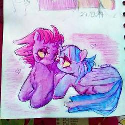 Size: 1080x1080 | Tagged: safe, artist:freshleaveskrnm, tempest shadow, twilight sparkle, alicorn, pony, g4, my little pony: the movie, female, lesbian, ship:tempestlight, shipping, traditional art, twilight sparkle (alicorn)