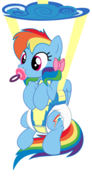 Size: 2108x4064 | Tagged: safe, artist:evilfrenzy, editor:wandering pigeon, rainbow dash, pegasus, pony, g4, abdl, adult foal, baby bouncer, bow, cute, dashabetes, diaper, diaper fetish, female, fetish, hair bow, non-baby in diaper, pacifier, simple background, transparent background
