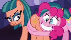 Size: 1280x720 | Tagged: safe, artist:bigpurplemuppet99, edit, edited screencap, screencap, pinkie pie, somnambula, g4, shadow play, base used, butt, butt touch, butthug, faceful of ass, faic, female, hug, lesbian, missing accessory, out of context, pinkie hugging applejack's butt, plot, ship:pinkambula, shipping