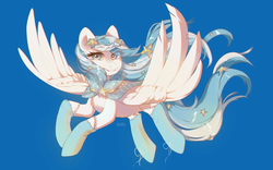 Size: 2558x1596 | Tagged: safe, artist:dagmell, oc, oc only, oc:starline, pegasus, pony, blue background, chest fluff, clothes, female, flying, frilly socks, looking at you, mare, multicolored hair, multicolored mane, multicolored tail, see-through, signature, simple background, smiling, socks, solo, spread wings, windswept mane, windswept tail, wings