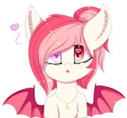 Size: 3775x3520 | Tagged: safe, artist:mimihappy99, oc, oc only, oc:blood moon, bat pony, pony, bat pony oc, blind eye, commission, cute, ear piercing, earring, heart, heart eyes, high res, jewelry, piercing, simple background, solo, transparent background, wingding eyes, ych result