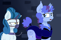 Size: 3667x2420 | Tagged: safe, artist:paskanaakka, derpibooru exclusive, oc, oc only, oc:cerulean swirls, oc:midnight dew, pony, unicorn, alternate timeline, angry, bondage, chains, chest fluff, clothes, collar, dungeon, duo, ear fluff, female, gag, high res, horn, horn cap, magic suppression, mare, muzzle, muzzle gag, nightmare takeover timeline, nose wrinkle, pony oc, shrunken pupils, tail wrap, unicorn oc, uniform, unsexy bondage
