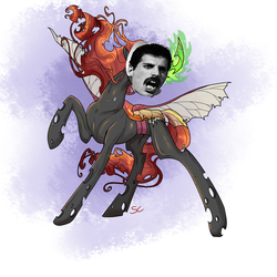 Size: 2000x2000 | Tagged: safe, artist:sourcherry, oc, oc only, changeling, changeling queen, bad photomanip, changeling oc, changeling queen oc, female, freddie mercury, high res, orange changeling, parody, solo