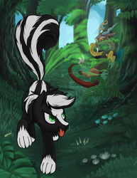 Size: 2000x2592 | Tagged: safe, artist:kovoranu, discord, oc, oc:zenawa skunkpony, draconequus, hybrid, original species, skunk, skunk pony, g4, forest, grass, high res, male, nose pinch, outdoors, plugged nose, skunk spray, smell, smelly, tongue out