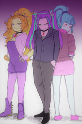 Size: 1404x2129 | Tagged: safe, artist:amazingpuffhair, adagio dazzle, aria blaze, sonata dusk, equestria girls, g4, my little pony equestria girls: rainbow rocks, clothes, female, gem, hand in pocket, legs, looking at you, looking back, miniskirt, pants, pigtails, ponytail, shoes, siren gem, skirt, smiling, suit, the dazzlings, trio, trio female, twintails