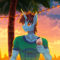 Size: 1200x1200 | Tagged: safe, artist:margony, oc, oc only, unicorn, anthro, anthro oc, clothes, cloud, commission, food, ice cream, male, palm tree, shirt, smiling, solo, stallion, tree