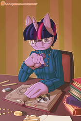 Size: 800x1200 | Tagged: safe, artist:atane27, twilight sparkle, anthro, g4, book, clothes, female, glasses, jewelry, mare, necklace, patreon, patreon logo, pencil, solo, sweater, turtleneck