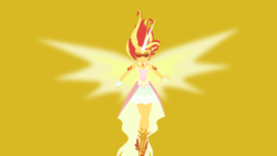 Size: 3840x2160 | Tagged: safe, artist:toastybrownpotatoes, sunset shimmer, equestria girls, g4, my little pony equestria girls: friendship games, 4k, clothes, daydream shimmer, dress, female, high res, horn, lineless, magical girl, minimalist, simple background, solo, vector, wallpaper, wings, yellow background