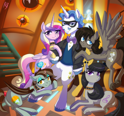 Size: 1597x1500 | Tagged: safe, artist:jitterbugjive, doctor whooves, fancypants, octavia melody, princess cadance, time turner, oc, bat pony, pegasus, pony, unicorn, ask discorded whooves, g4, bat pony oc, collar, discord whooves, doctor who, female, femsub, half r63 shipping, harem, infidelity, looking at you, lucky bastard, male, maledom, mare, mask, meme, professor whooves, rule 63, shipping, smiling, stallion, straight, subdance, submissive, tardis, tardis console room, tardis control room, the doctor, the professor, waifu thief, zerum whooves