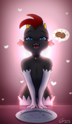 Size: 370x636 | Tagged: safe, artist:crizone-aura, oc, oc:saurian, dragon, kobold, clothes, collar, cookie, evening gloves, food, gloves, heart, long gloves, male, plate