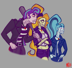 Size: 1800x1696 | Tagged: safe, artist:madness-with-reason, adagio dazzle, aria blaze, sonata dusk, g4, clothes, female, gray background, greaser, jacket, leather jacket, midriff, pompadour, simple background, tattoo, the dazzlings, trio