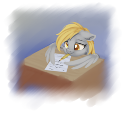 Size: 801x743 | Tagged: safe, artist:dusthiel, derpy hooves, pegasus, pony, g4, desk, female, floppy ears, mare, mouth hold, paper, pencil, simple background, smiling, solo, transparent background, wings, writing