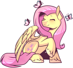 Size: 1024x953 | Tagged: safe, artist:ak4neh, fluttershy, butterfly, pegasus, pony, g4, blushing, cute, eyes closed, female, mare, raised hoof, shyabetes, simple background, sitting, solo, spread wings, transparent background, unshorn fetlocks, wings
