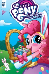 Size: 1054x1600 | Tagged: safe, artist:marybellamy, idw, angel bunny, pinkie pie, pony, g4, spoiler:comic, spoiler:comic68, basket, bipedal, bow, bunny ears, clothes, duo, easter, easter basket, easter egg, egg, equestria girls outfit, holiday