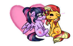 Size: 1024x652 | Tagged: safe, artist:tater, sci-twi, sunset shimmer, twilight sparkle, alicorn, pony, unicorn, g4, boop, duo, equestria girls ponified, eyes closed, female, heart, lesbian, noseboop, ponified, sci-twilicorn, ship:sci-twishimmer, ship:sunsetsparkle, shipping, simple background, twilight sparkle (alicorn)