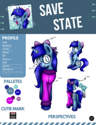 Size: 816x1056 | Tagged: safe, artist:sugar morning, oc, oc only, oc:save state, pony, unicorn, bow, clothes, commission, female, floppy disk, glasses, hair bow, looking at you, magic, mare, reference sheet, solo, sweater, telekinesis